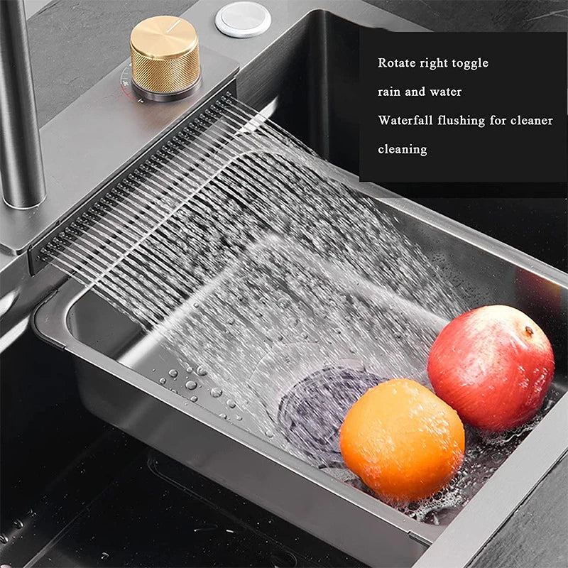Black nano kitchen sink faucet with waterfall spout, soap dispenser, large single bowl, stainless steel finish by 𝕄𝕔 𝕋𝕙𝕖 𝔹𝕝𝕒𝕔𝕜 𝔻�