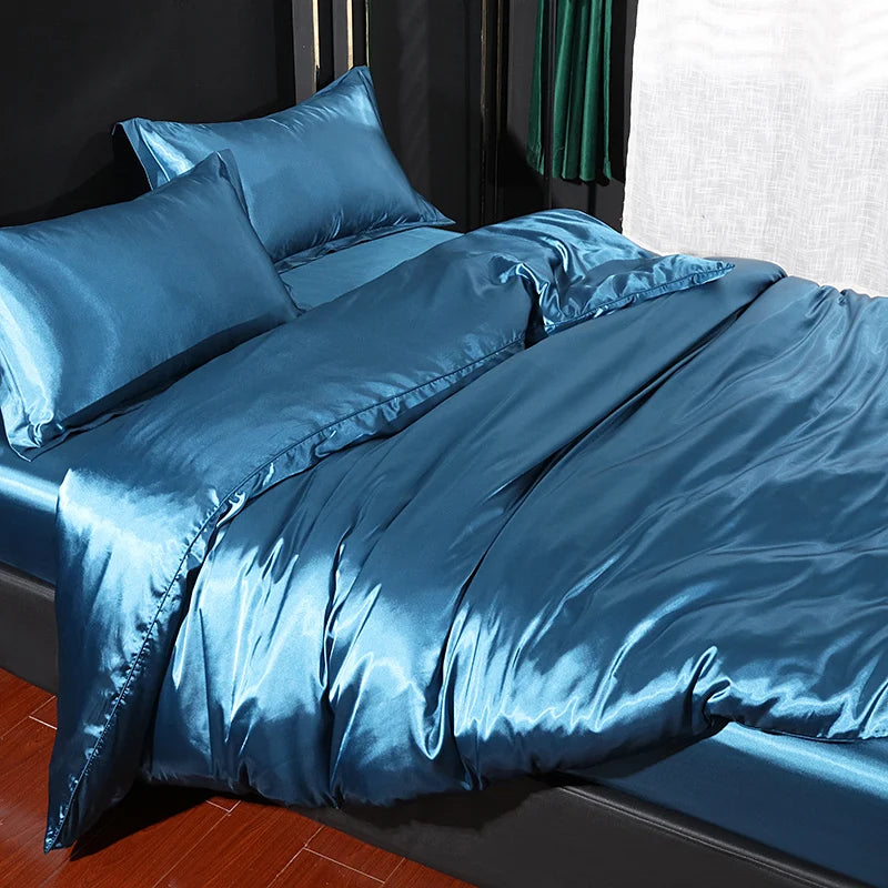 Luxury silk bedding set with duvet cover, fitted sheet, flat sheet, and pillowcases in solid color from 𝕄𝕔 𝕋𝕙𝕖 𝔹𝕝𝕒𝕔𝕜 𝔻�