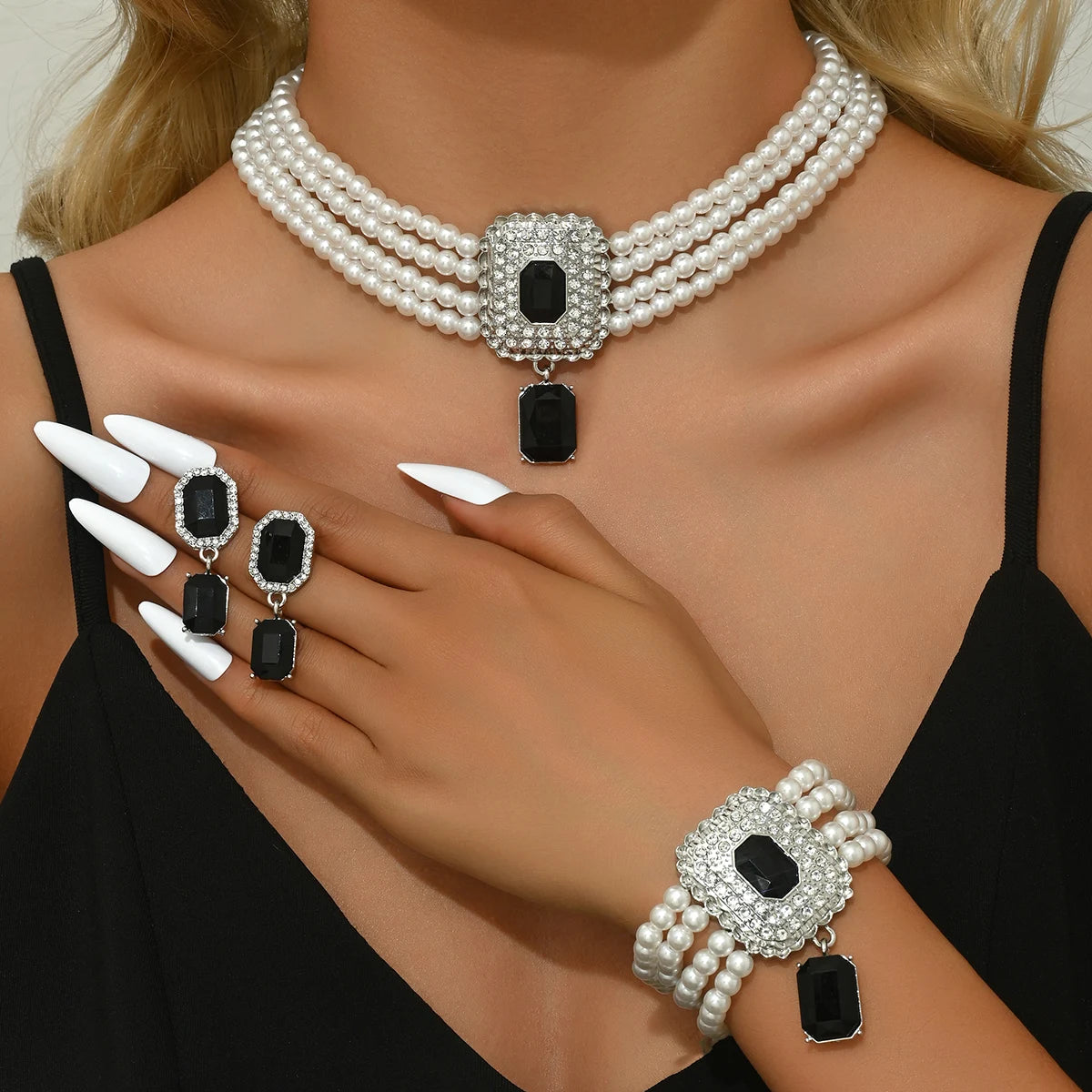 MC THE BLACK DIAMOND women's fashion jewelry set featuring pearl, rhinestone necklace, earrings, and bracelet for party or festival wear.