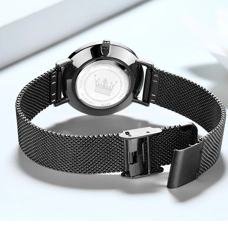 Olevis minimalist ladies' watch with leather strap, waterproof quartz movement, and calendar display, featuring a sleek, versatile design.