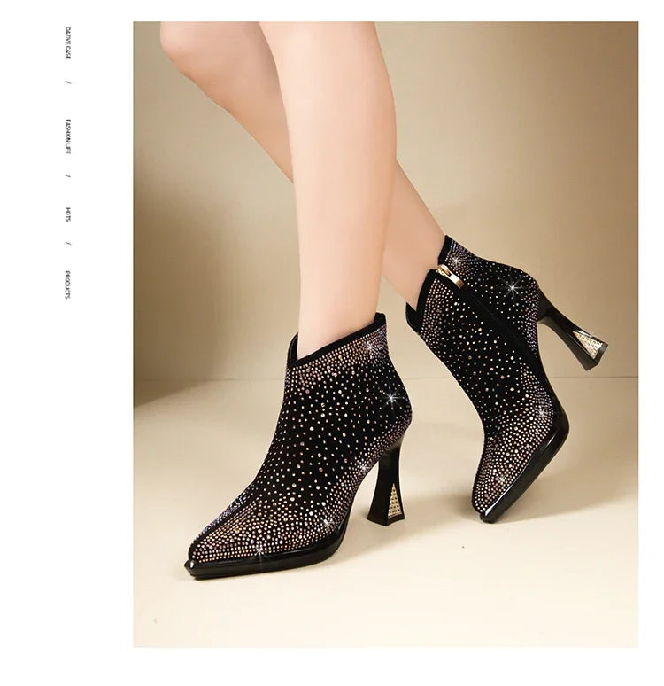 Women's short boots with thick square high heels from Mohammad Collection, featuring stylish design and ankle-length silhouette.