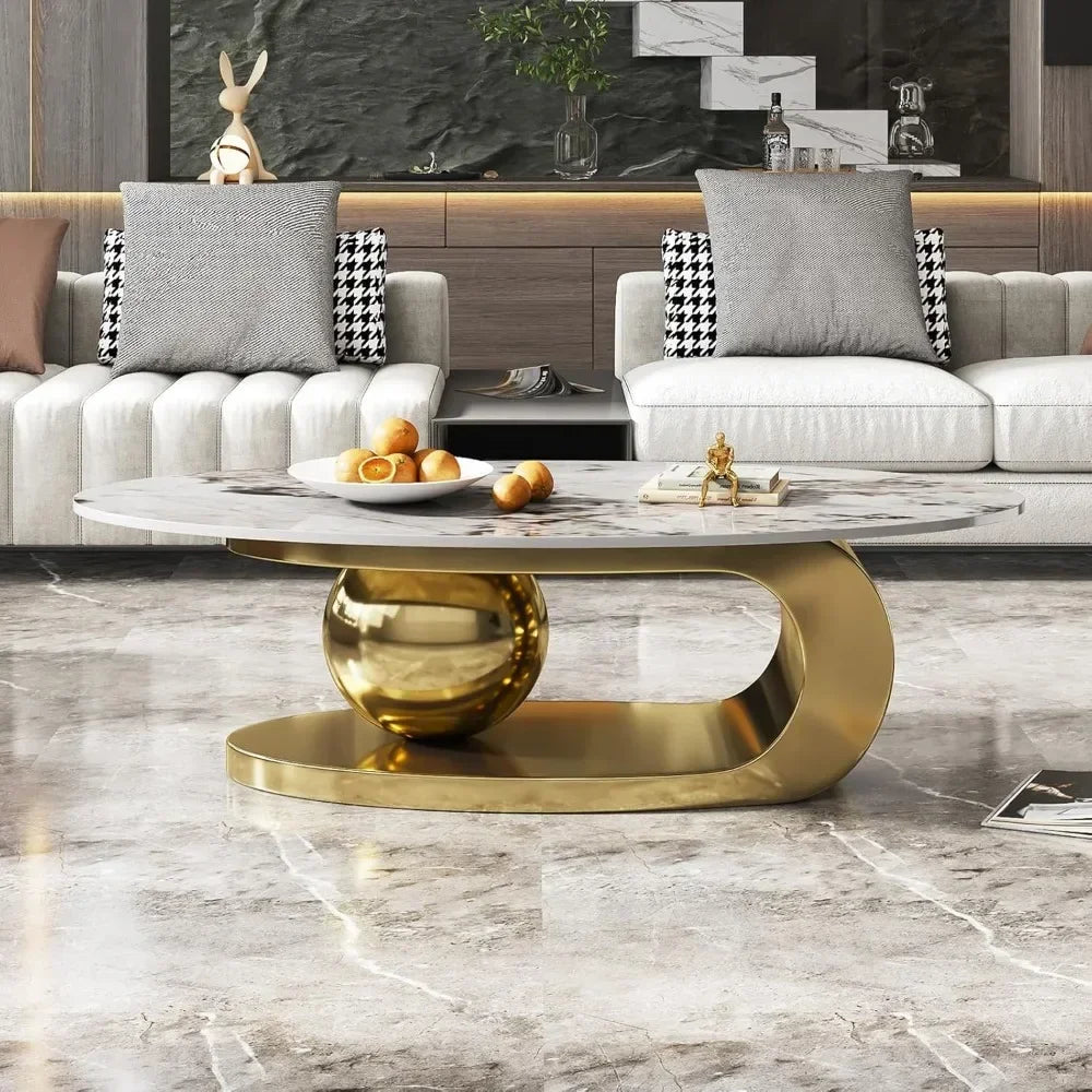 Modern Oval Stone Coffee Table with Abstract Gold Metal Base - Perfect for Stylish Living Rooms-Gold,51"Lx28Wx16.5H - https://mohammadcollection.com