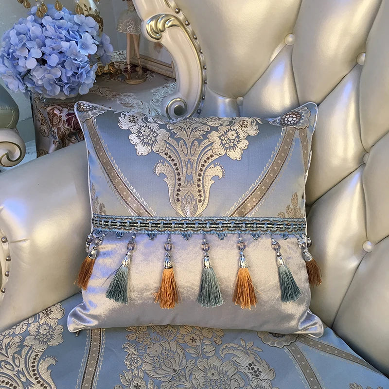 European luxury Jacquard tassel lace decorative sofa pillow cover with large rectangular cushion, featuring elegant black diamond pattern.