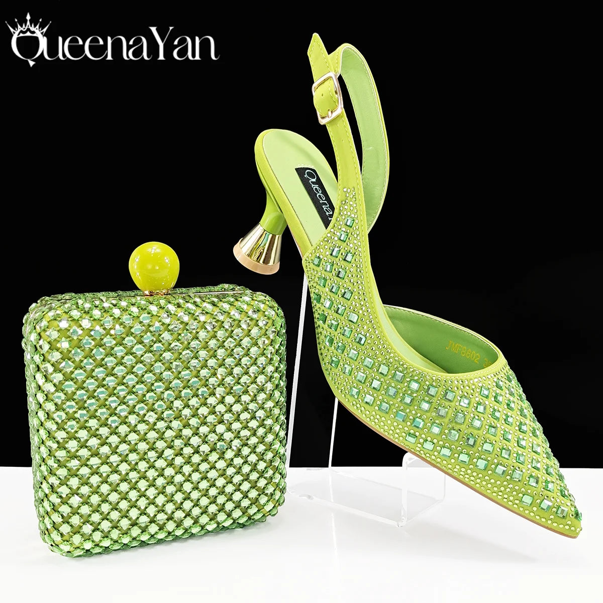 Queena Yan Italian design green rhinestone pointed toe high heel shoe and matching bag set for women's party wear.