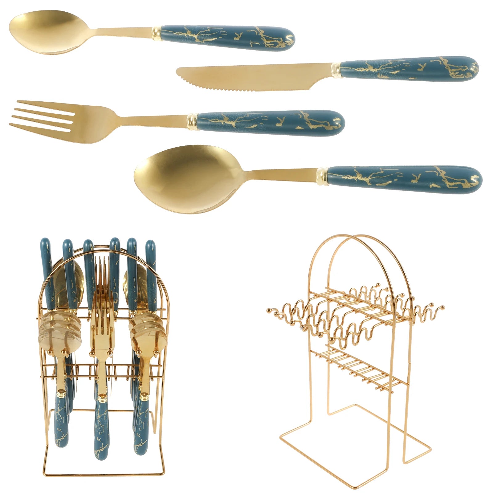 24-piece stainless steel flatware set with holder, includes forks, knives, and spoons from MC THE BLACK DIAMOND.