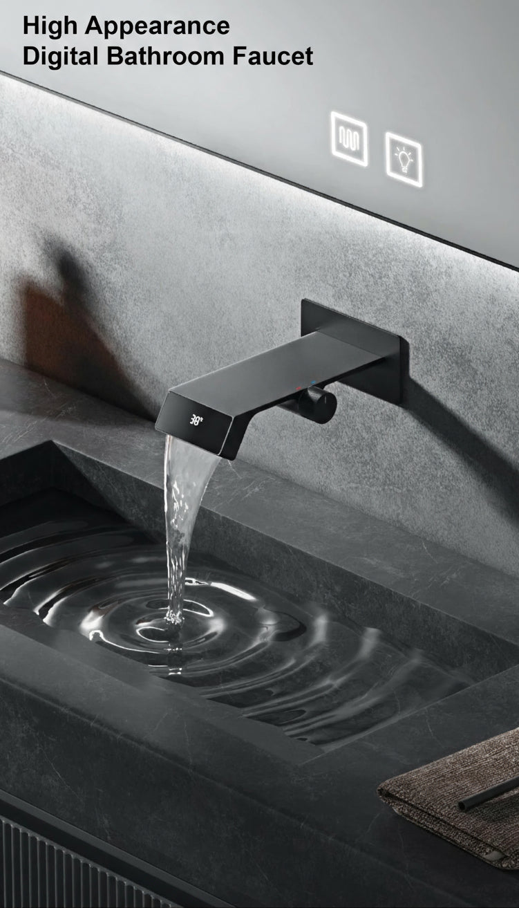 Luxury gray brass bathroom faucet with LED digital display from MC THE BLACK DIAMOND, showcasing modern home decor design.