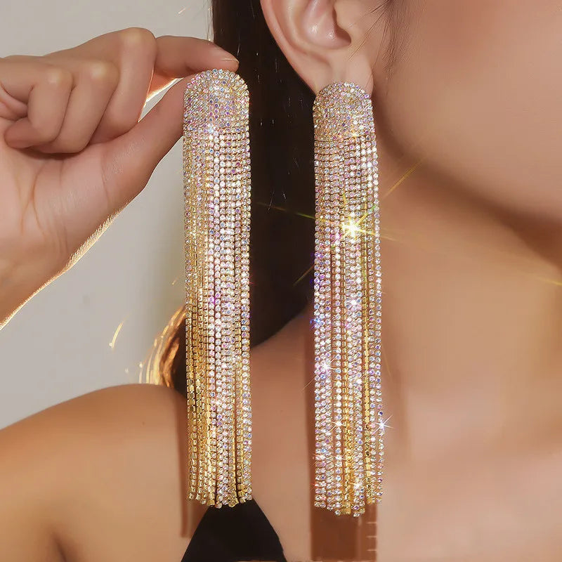 MC THE BLACK DIAMOND long tassel rhinestone drop earrings with crystal dangles for women, fashion jewelry accessory.