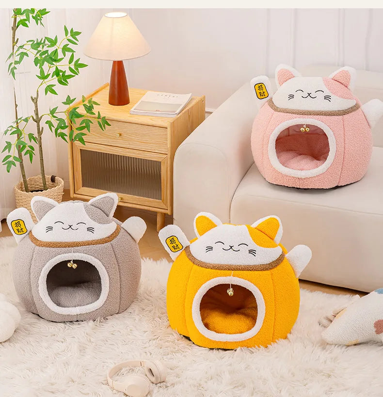Lucky Fortune Cat Pet Bed - Winter Warm Semi-Open Fleece Round Bed for Cats & Dogs | Cozy Lucky Pet House, Soft Cushioned Kennel - https://mohammadcollection.com
