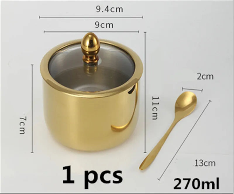 Gold MC THE BLACK DIAMOND 304 seasoning box with glass cap, spoon, and spice jar for salt, soy sauce, and flavoring storage.