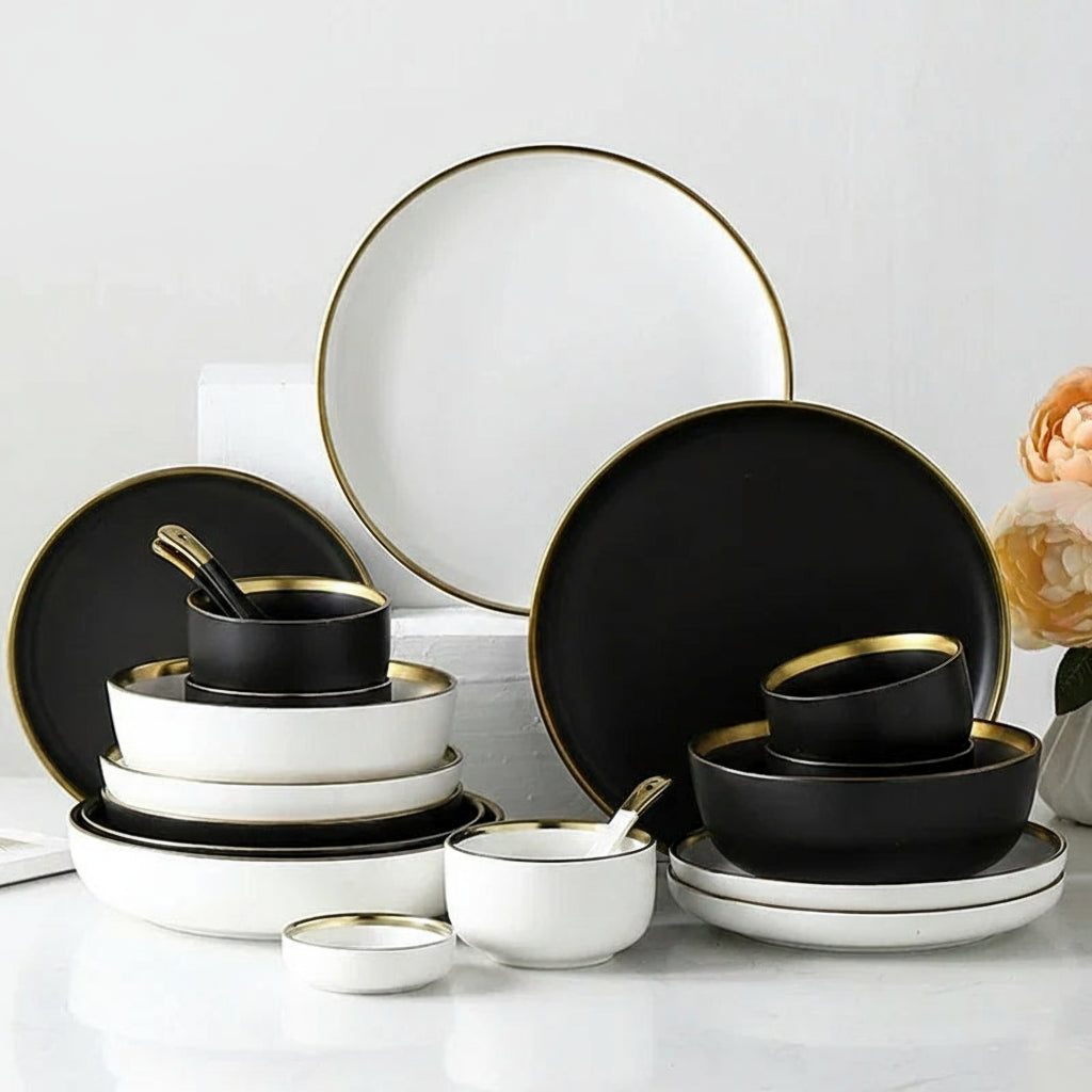 Black and white matte porcelain dinner plate from MC THE BLACK DIAMOND, kitchenware, with a sleek, modern design.