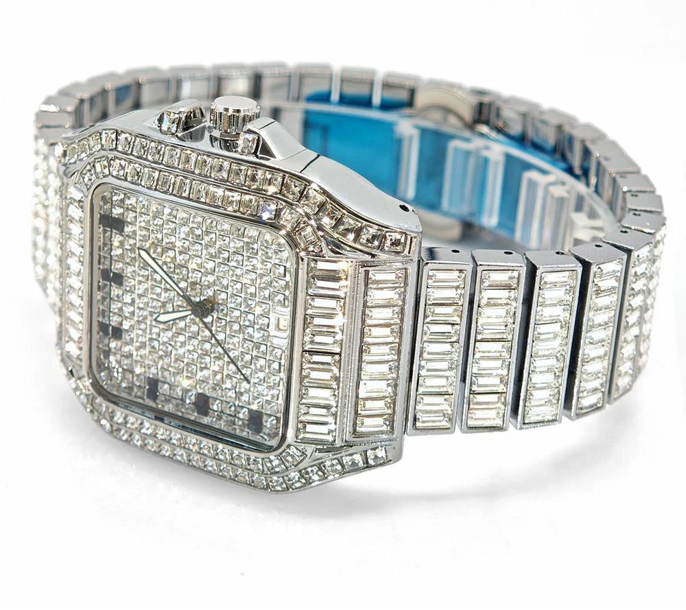 Luxury rose gold-tone MC THE BLACK DIAMOND men's stainless steel quartz watch with iced-out diamonds and rectangular face.