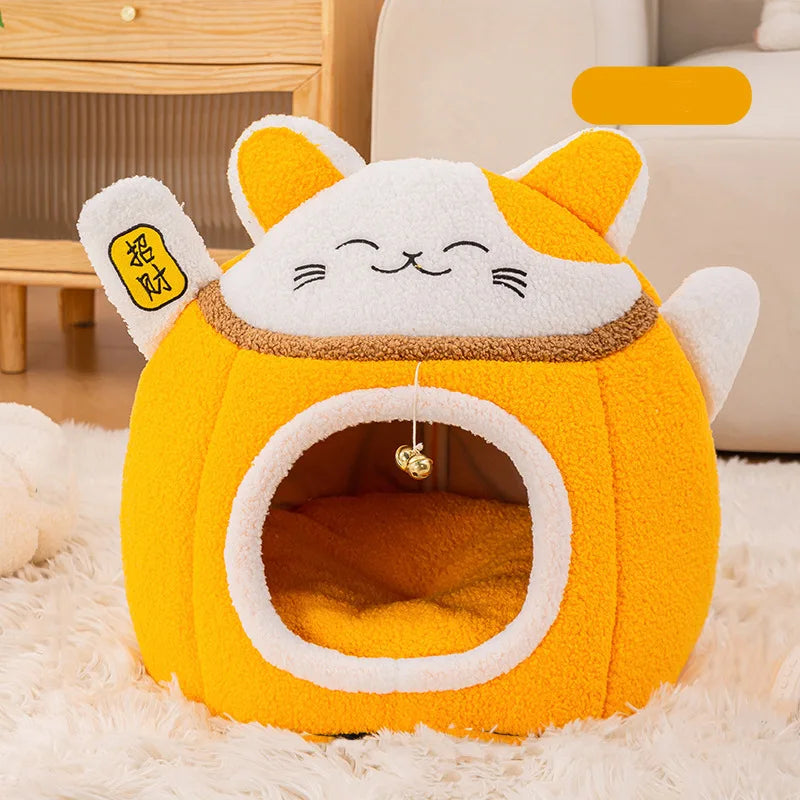 Lucky Fortune Cat Pet Bed - Winter Warm Semi-Open Fleece Round Bed for Cats & Dogs | Cozy Lucky Pet House, Soft Cushioned Kennel - https://mohammadcollection.com