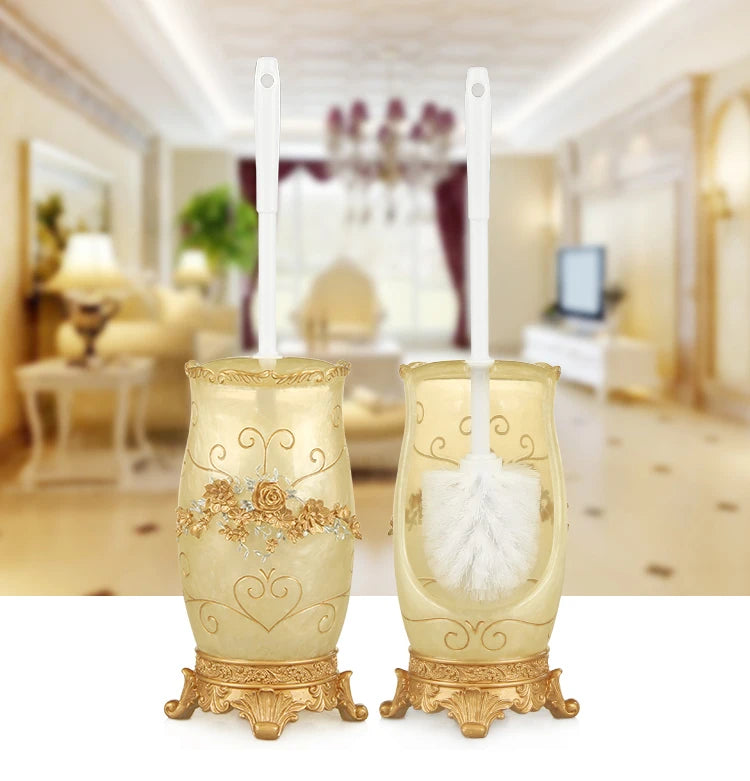 European resin bathroom set including soap dispenser, toothbrush holder, soap dish, toilet brush, wastebin, and storage tray by MC THE BLACK DIAMOND