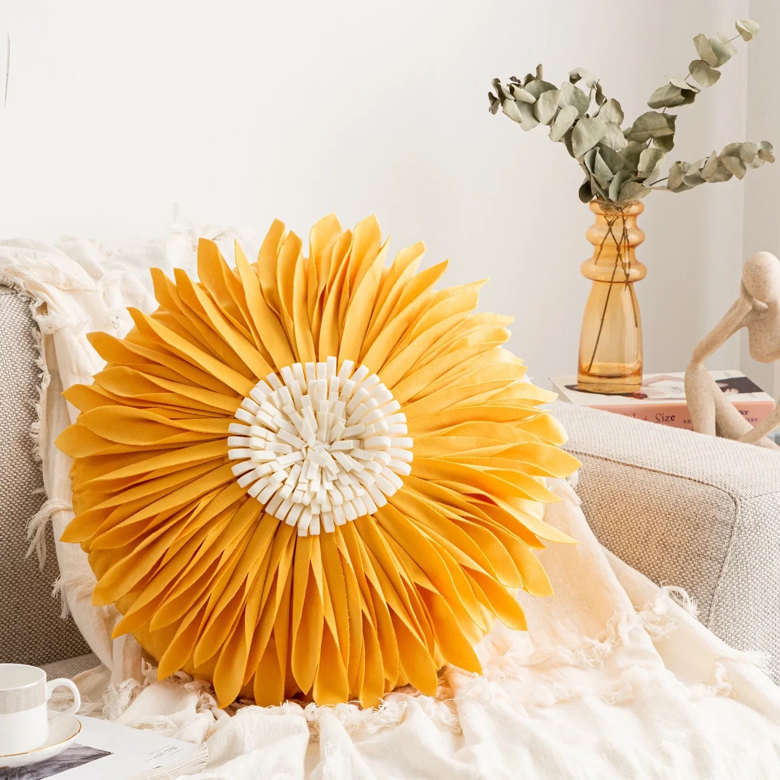 Pink and white velvet throw pillow with 3D chrysanthemum embroidery, 45x45cm, home decor cushion from MC THE BLACK DIAMOND