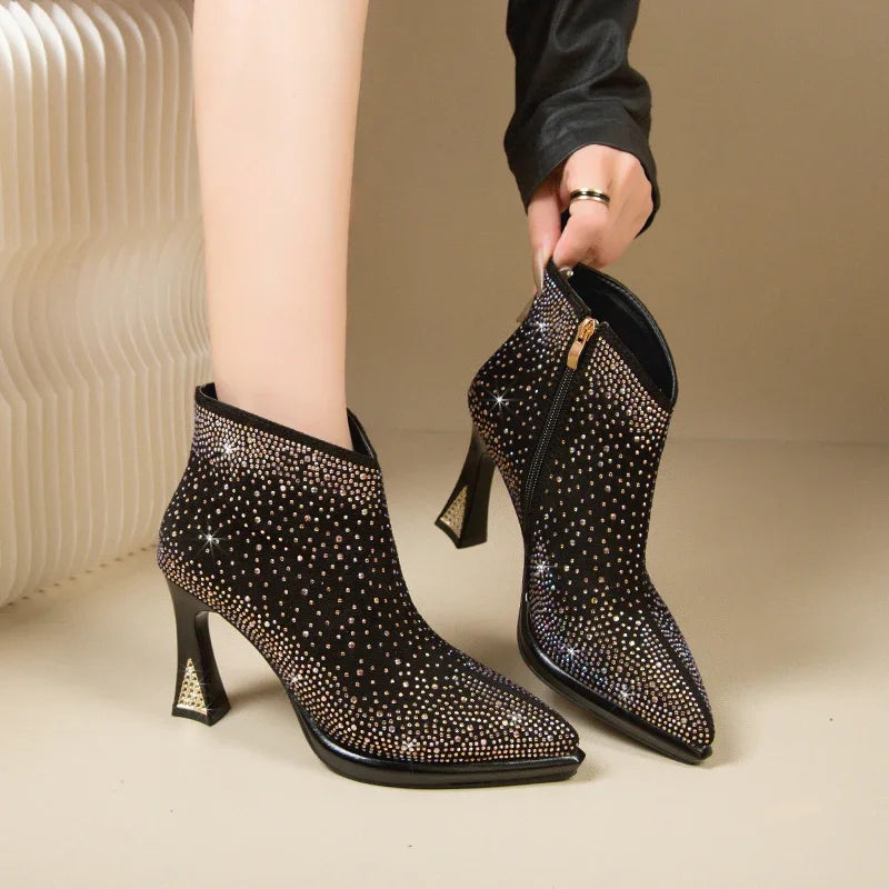 Women's short boots with thick square high heels from Mohammad Collection, featuring stylish design and ankle-length fit.