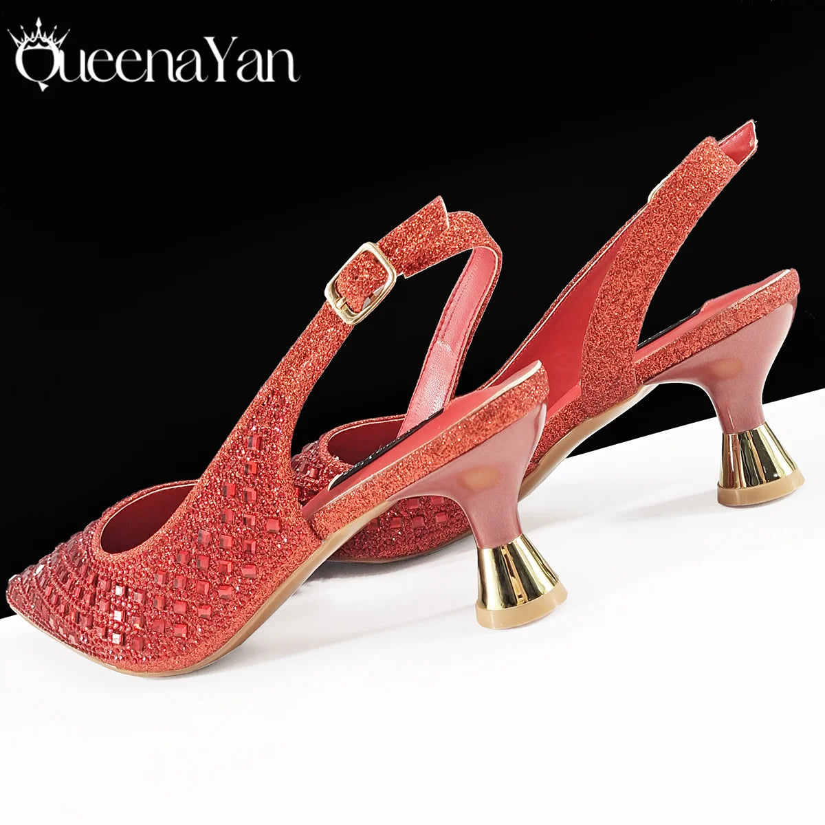 Queena Yan Italian design green rhinestone pointed toe high heels and matching luxury handbag set for women’s party wear.
