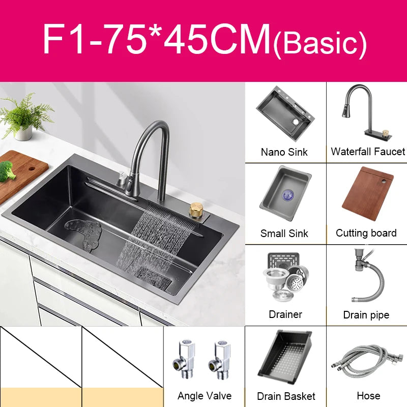 Black nano kitchen sink waterfall faucet with soap dispenser and large single bowl in stainless steel, featuring a sleek modern design.