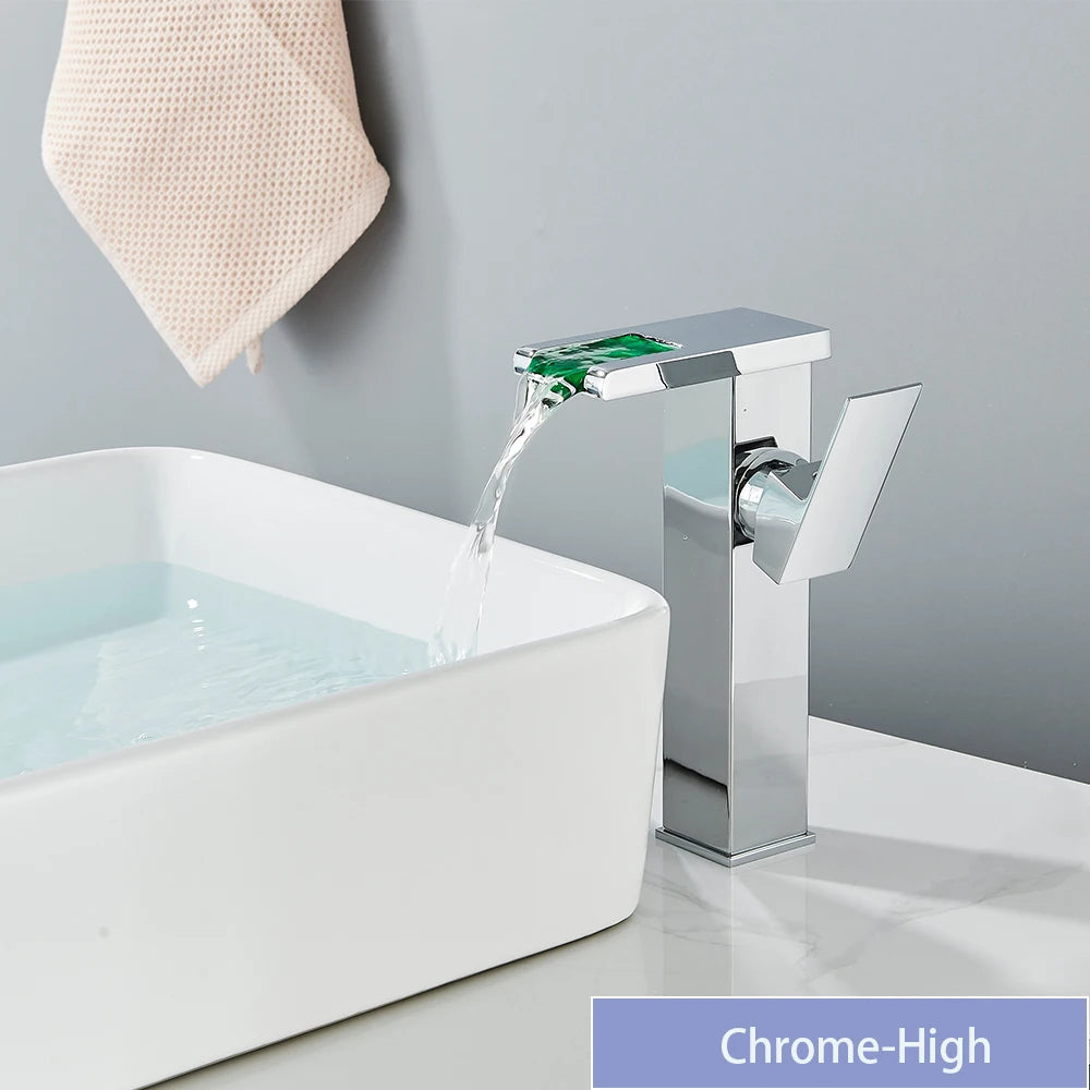 Black brass LED waterfall bathroom sink faucet with single handle, deck-mounted hot and cold water mixer from 𝕄𝕔 𝕋𝕙𝕖 𝔹𝕝𝕒𝕔𝕜 𝔻𝕚�
