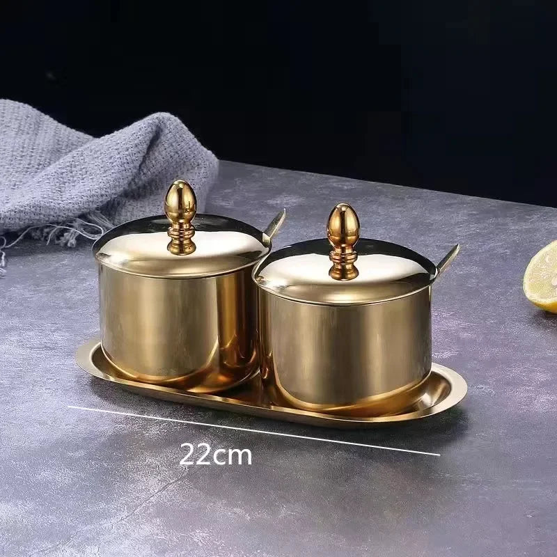 Gold MC THE BLACK DIAMOND 304 seasoning box with glass cap, spoon, salt and soy sauce storage jar for kitchen use.