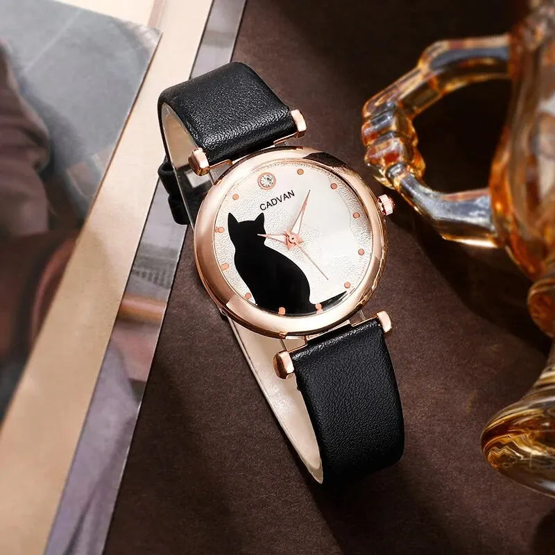 Six women's fashion quartz watches from MC The Black Diamonds jewelry set with stylish designs and black watch bands.
