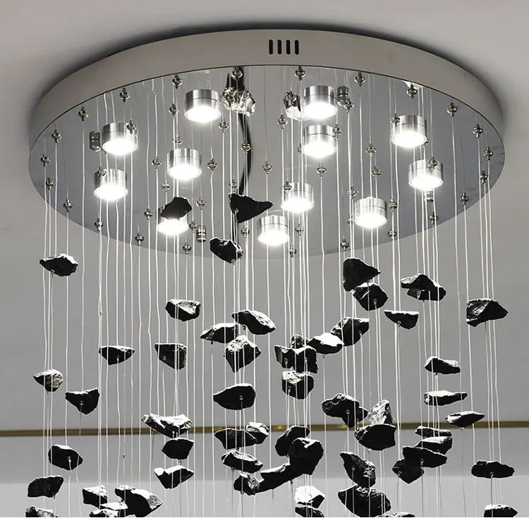 Black Art Luxury Stone Crystal Chandelier by MC THE BLACK DIAMOND, modern LED hanging lamp with crystal accents for staircase or hallway lighting.