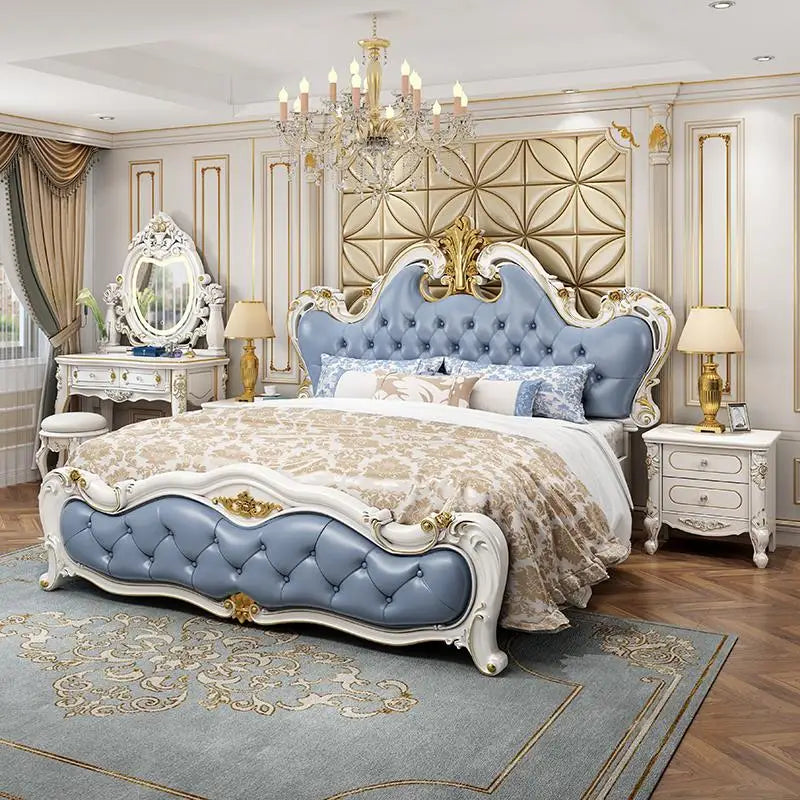 Modern French style solid wood king size platform bed from MC THE BLACK DIAMOND, showcasing a luxurious bedroom furniture set.