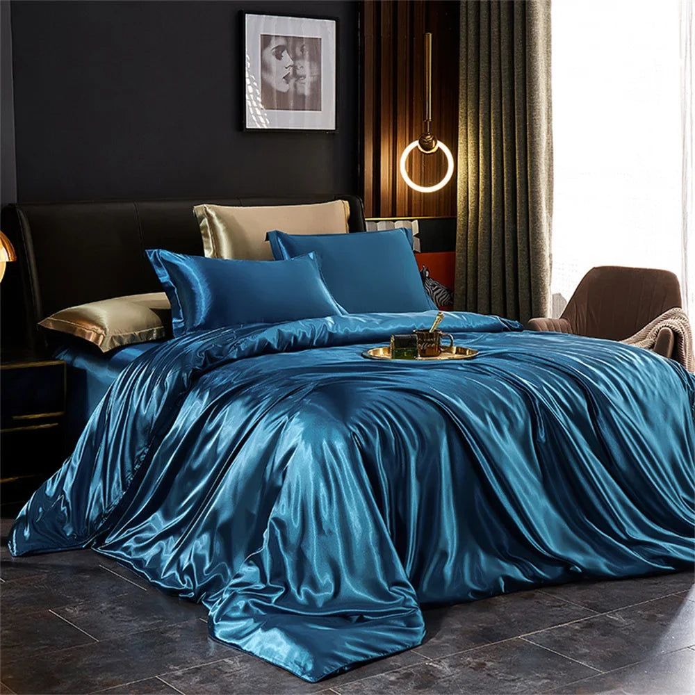 Luxury MC THE BLACK DIAMOND solid silk bedding set with duvet cover, bedsheet, and pillowcases in satin for king, queen, twin beds