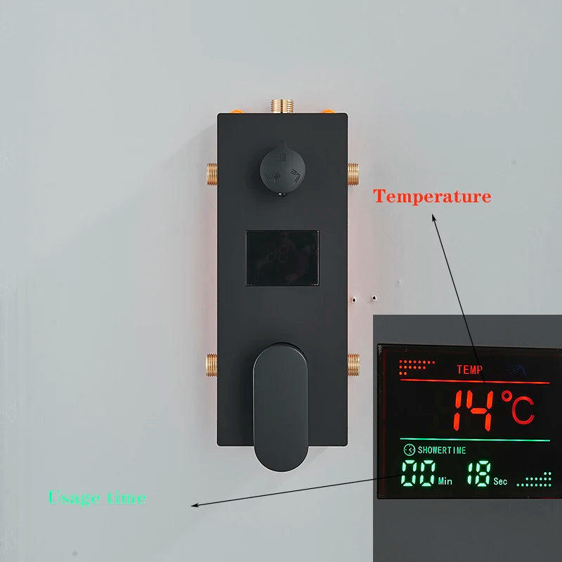Matte black brass LED remote control for bathtub and shower faucets by MC THE BLACK DIAMOND, featuring modern design and advanced control.