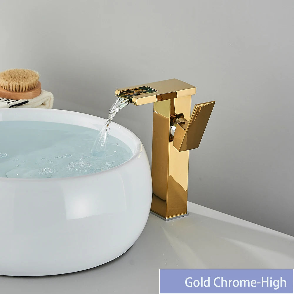 Black brass waterfall LED bathroom sink faucet with single handle, deck mounted hot and cold water mixer tap by 𝕄𝕔 𝕋𝕙𝕖 𝔹𝕝𝕒𝕔𝕜 𝔻𝕚