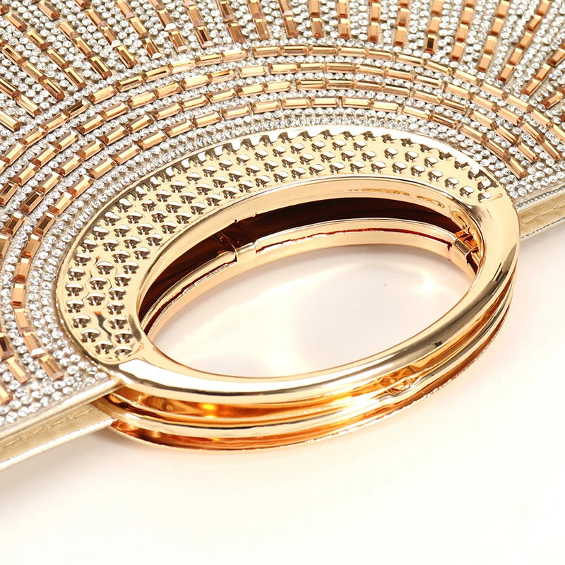 Elegant sparkling rhinestone clutch bag with chain, black sequins, and diamond details for womenโs evening or wedding parties.