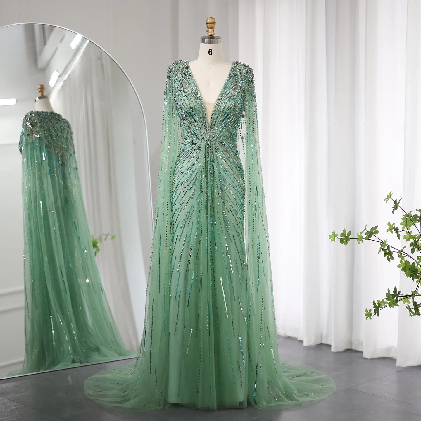 Luxury Dubai Sage Green Evening Dresses with Cape Fuchsia Crystal Gold Women Wedding Party Gowns SS399 Customized
