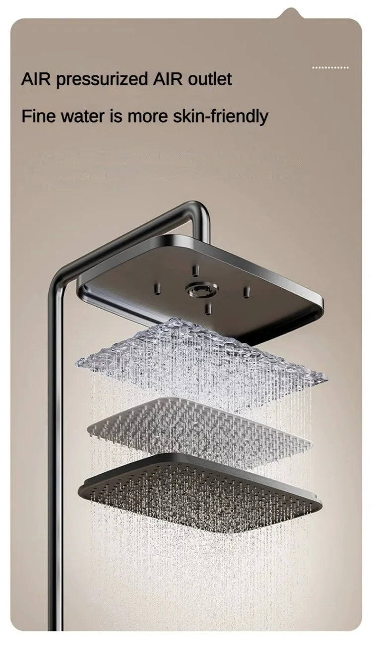 Grey MC THE BLACK DIAMOND four-function digital display shower system with rainfall and pressurized wall-mounted faucet for bathtub and shower.
