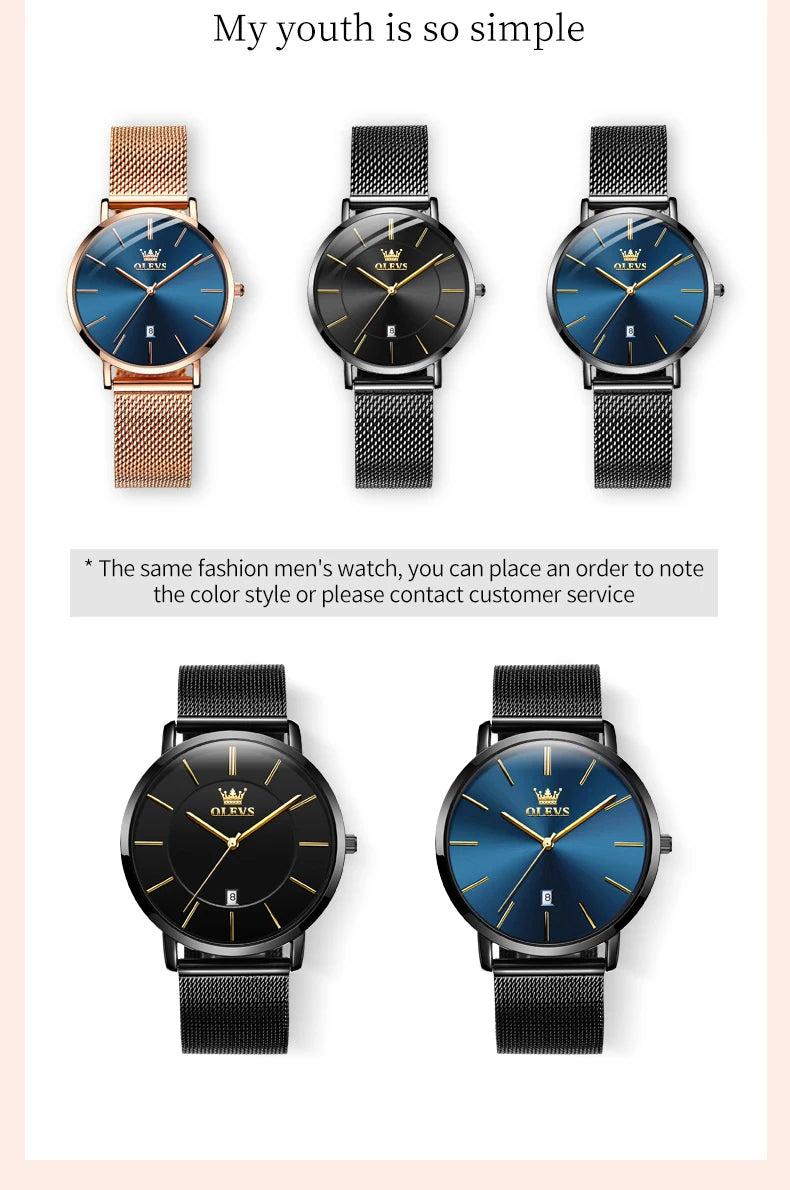 Oleves minimalist ladies' watch with leather strap, waterproof quartz movement, and calendar display, featuring a sleek and versatile design.