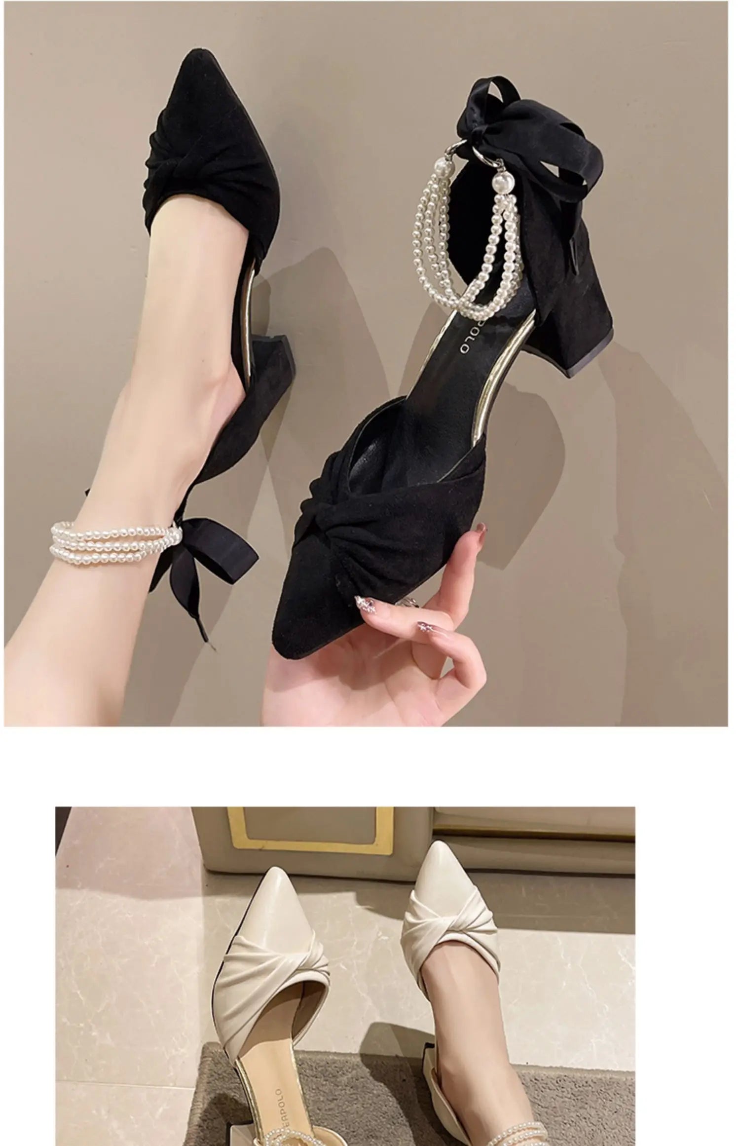 MC THE BLACK DIAMOND women's white fairy slip-on sandals with chunky heels, pearl accents, and unique summer design in PU material.