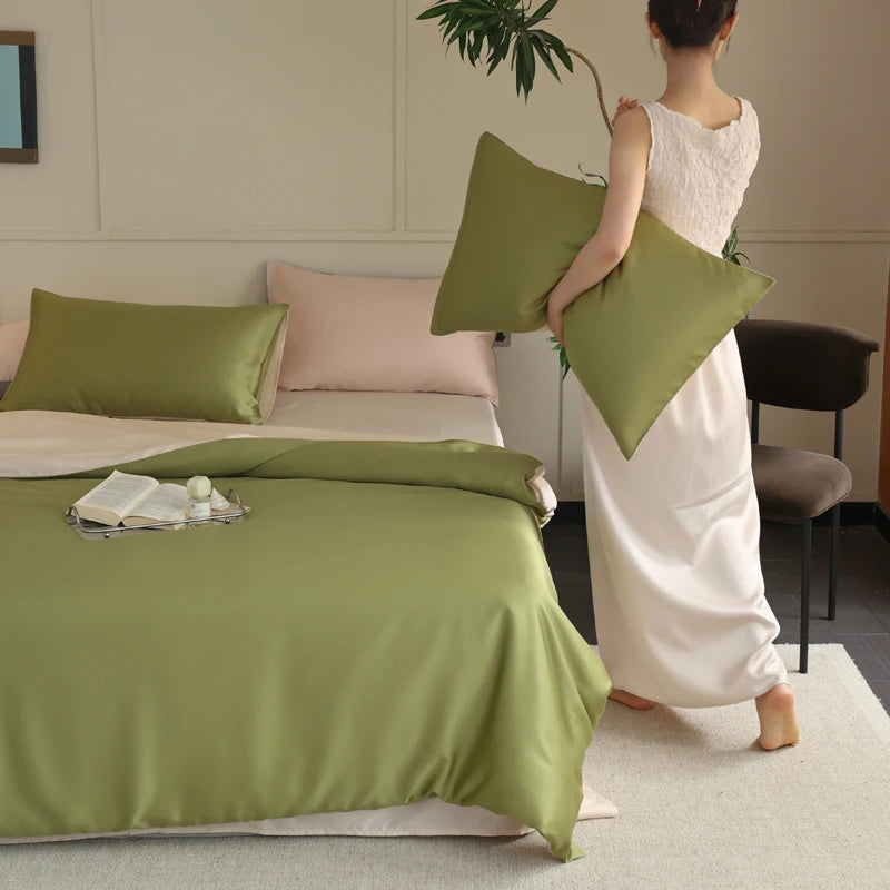 Luxurious MC Collection 100% Mulberry Silk Bedding Set with smooth, shiny silk pillows and duvet cover in elegant home decor style.
