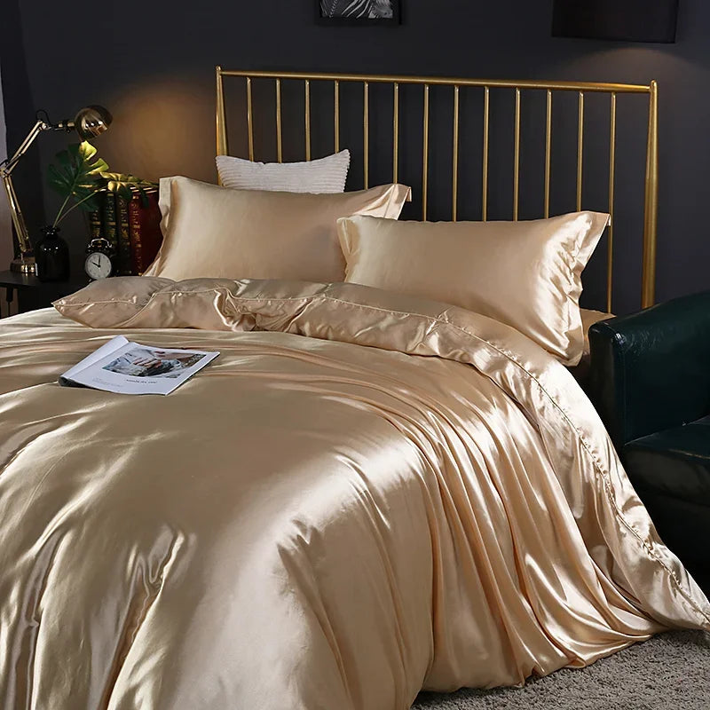 Silk bedding set with duvet cover, fitted sheet, flat sheet, and pillowcases in solid color, from 𝕄𝕔 𝕋𝕙𝕖 𝔹𝕝𝕒𝕔𝕜 𝔻�