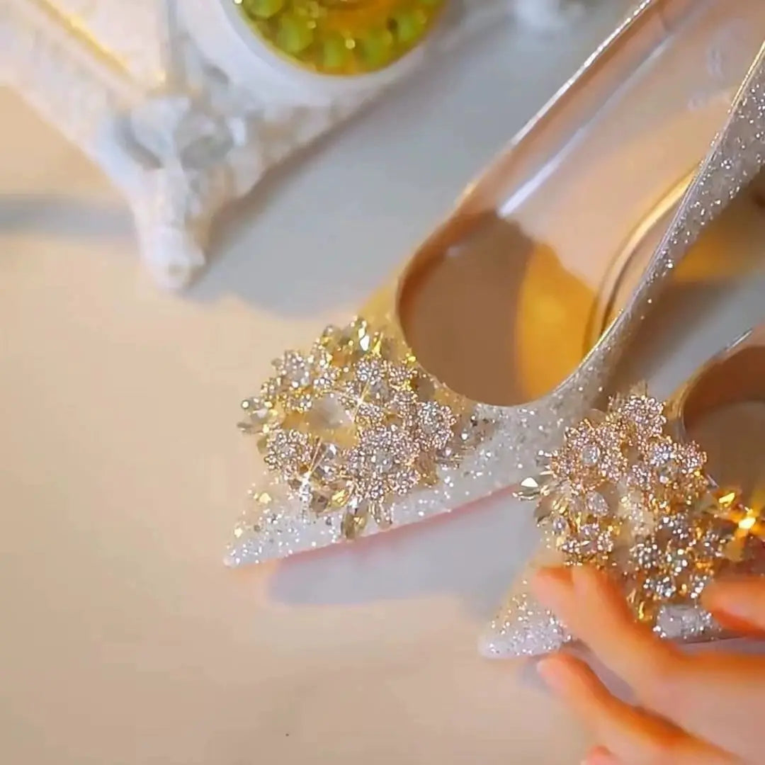 Women's high heel shoes by Mohammad Collection featuring elegant crystal accents, pointed toe, and retro style for special occasions.