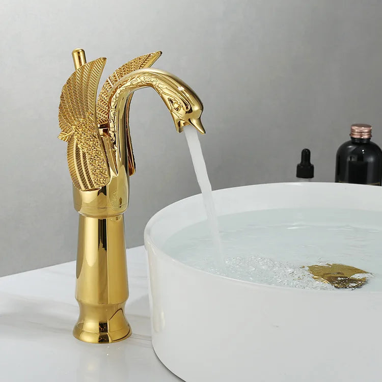 MC THE BLACK DIAMOND golden basin faucet with swan-shaped hot and cold water mixer tap for deck mount bath sink.