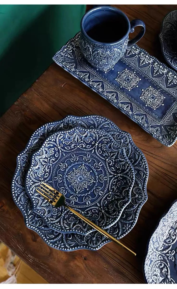 Blue retro relief ceramic tableware dishes set from MC The Black Diamonds, featuring vintage-inspired kitchen dishes with intricate relief details.