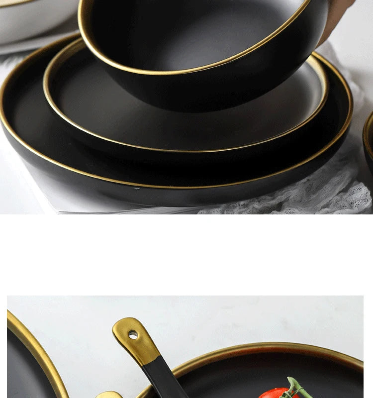 Black and white matte porcelain dinner plate from MC THE BLACK DIAMOND, stylish kitchenware with a sleek, modern design.