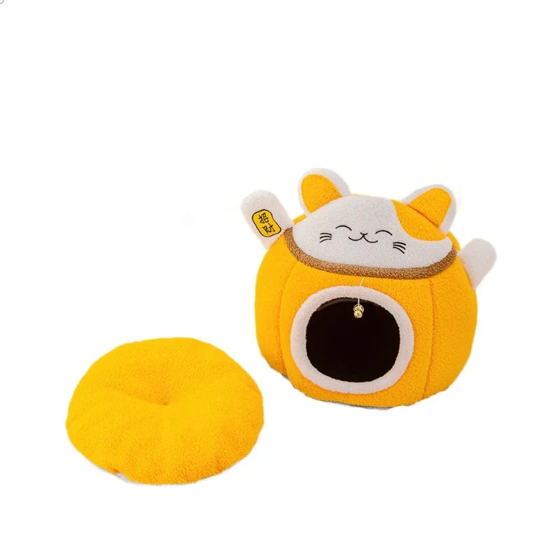 Lucky Fortune Cat Pet Bed - Winter Warm Semi-Open Fleece Round Bed for Cats & Dogs | Cozy Lucky Pet House, Soft Cushioned Kennel - https://mohammadcollection.com
