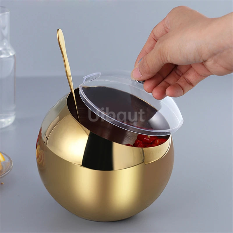 Stainless steel oblique-mouthed sauce bowl with lid, ideal for hot pots, salads, and seasoning from 𝕄𝕔 𝕋𝕙𝕖 𝔹𝕝𝕒𝕔𝕜 𝔻
