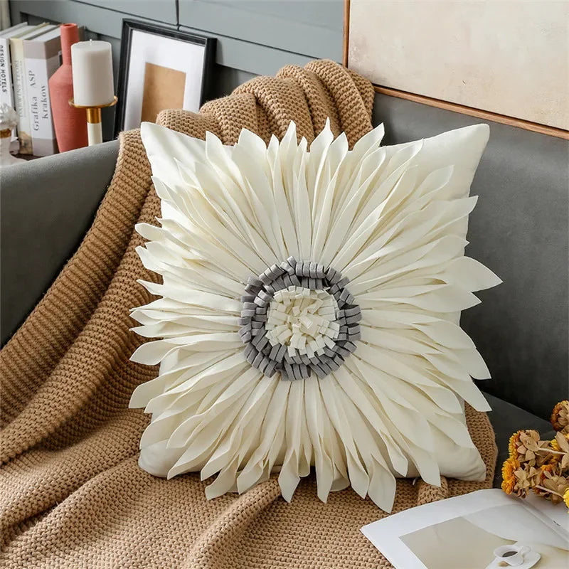 Pink and white modern velvet throw pillow with 3D chrysanthemum stitching, 45x45cm, ideal for home decor cushions.