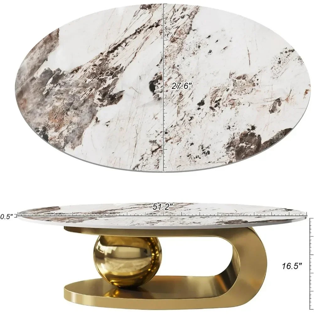 Modern Oval Stone Coffee Table with Abstract Gold Metal Base - Perfect for Stylish Living Rooms-Gold,51"Lx28Wx16.5H - https://mohammadcollection.com