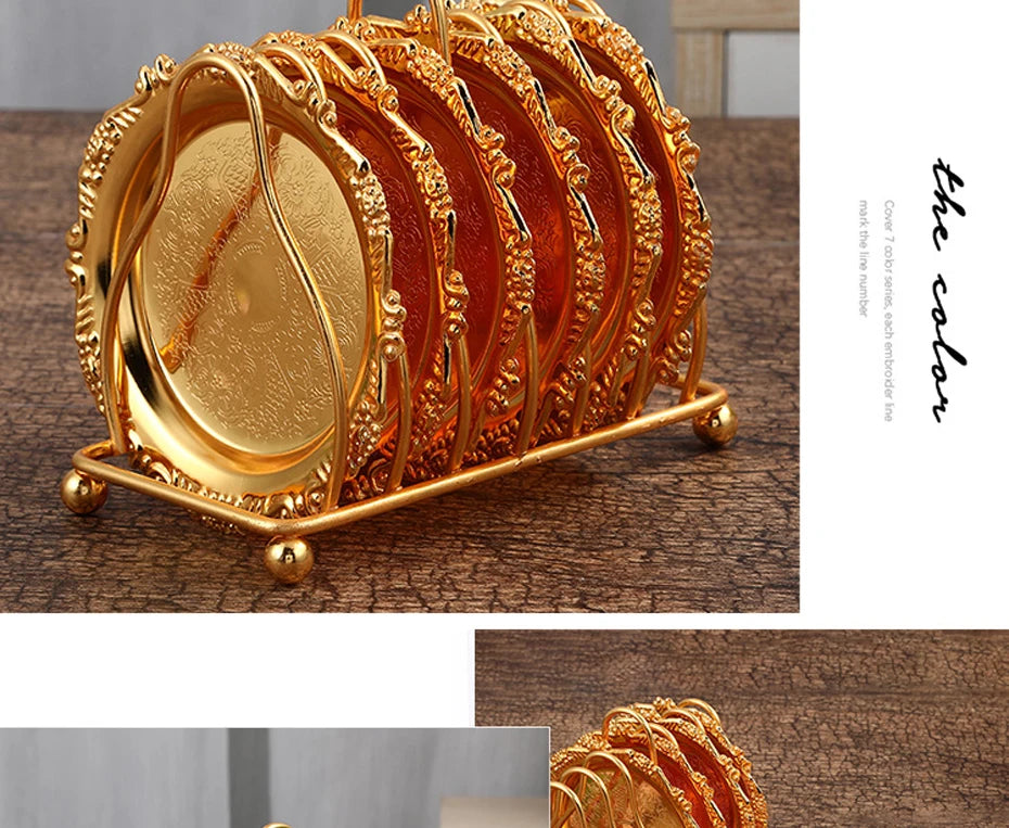 Six golden dining plates set from MC The Black Diamonds, elegant round ceramic plates with a shiny gold finish for stylish table settings.