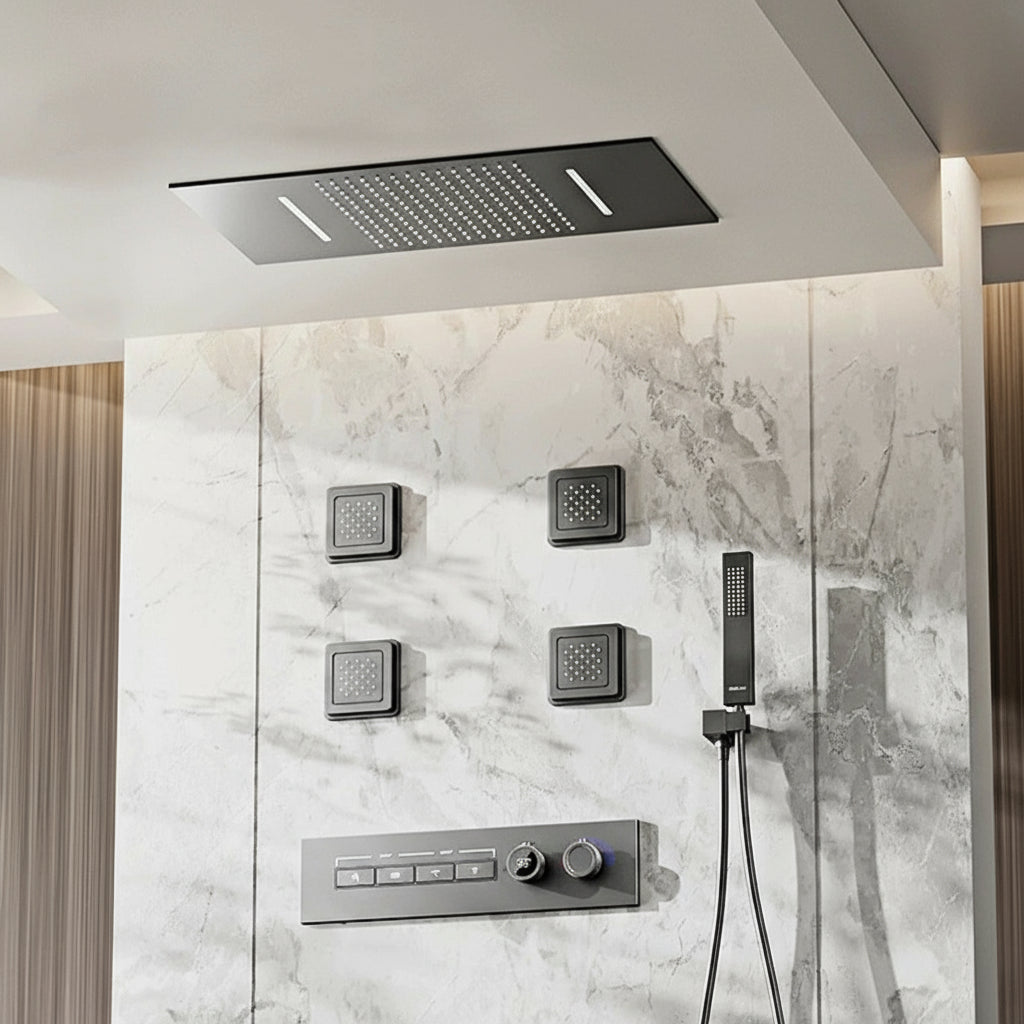Luxury gray brass shower system with ceiling design, LED digital display, dual hot and cold controls, by 𝕄𝕔 𝕋𝕙𝕖 𝔹𝕝𝕒𝕔𝕜 𝔻𝕚