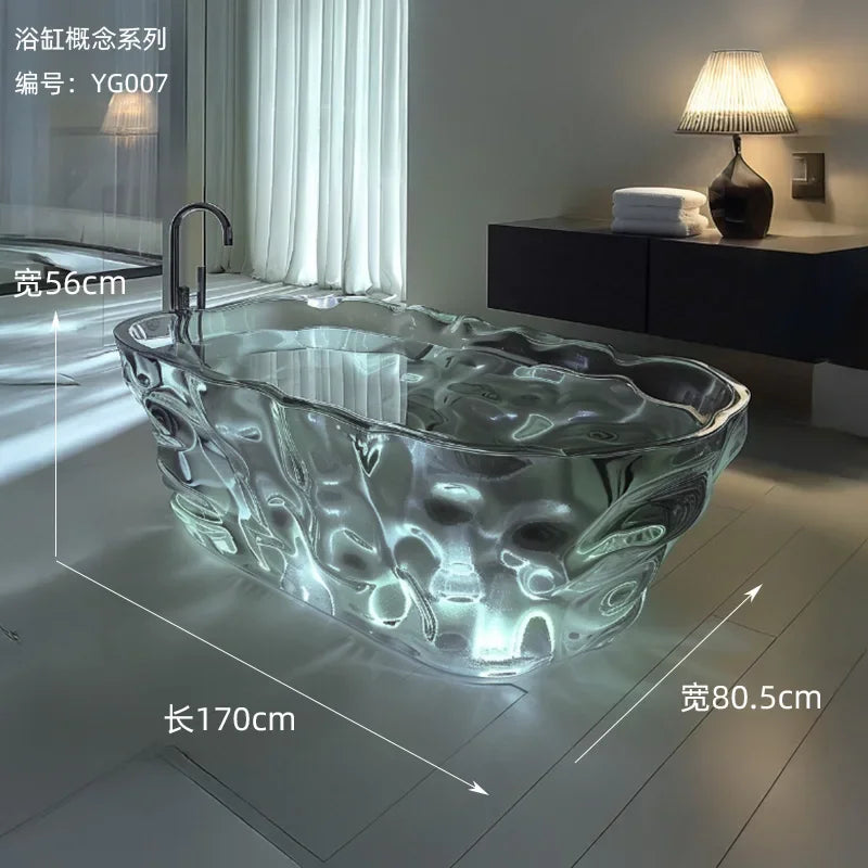 Transparent freestanding bathtub by MC THE BLACK DIAMOND featuring a crystal-clear resin design and modern AI-inspired concept.