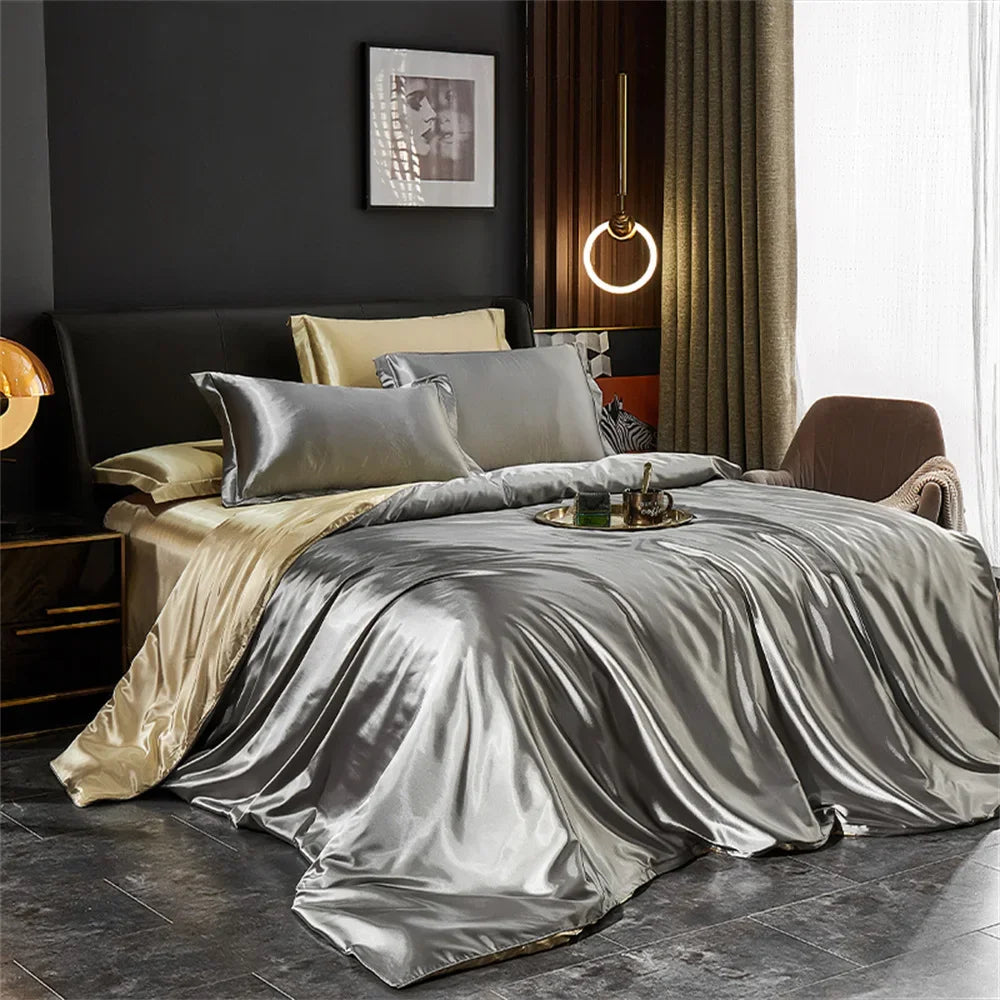 Luxury MC THE BLACK DIAMOND solid silk bedding set with duvet cover, bed sheet, and pillowcases for king, queen, twin beds.