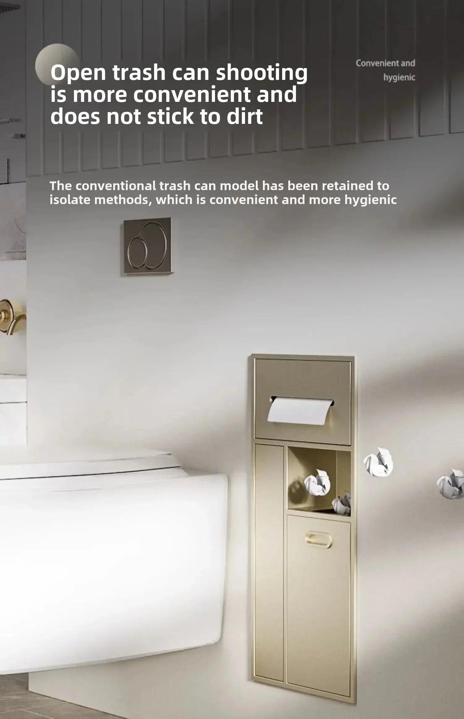 Stainless steel niche bathroom trash can and tissue storage rack embedded in wall, with metal finish and compact design.