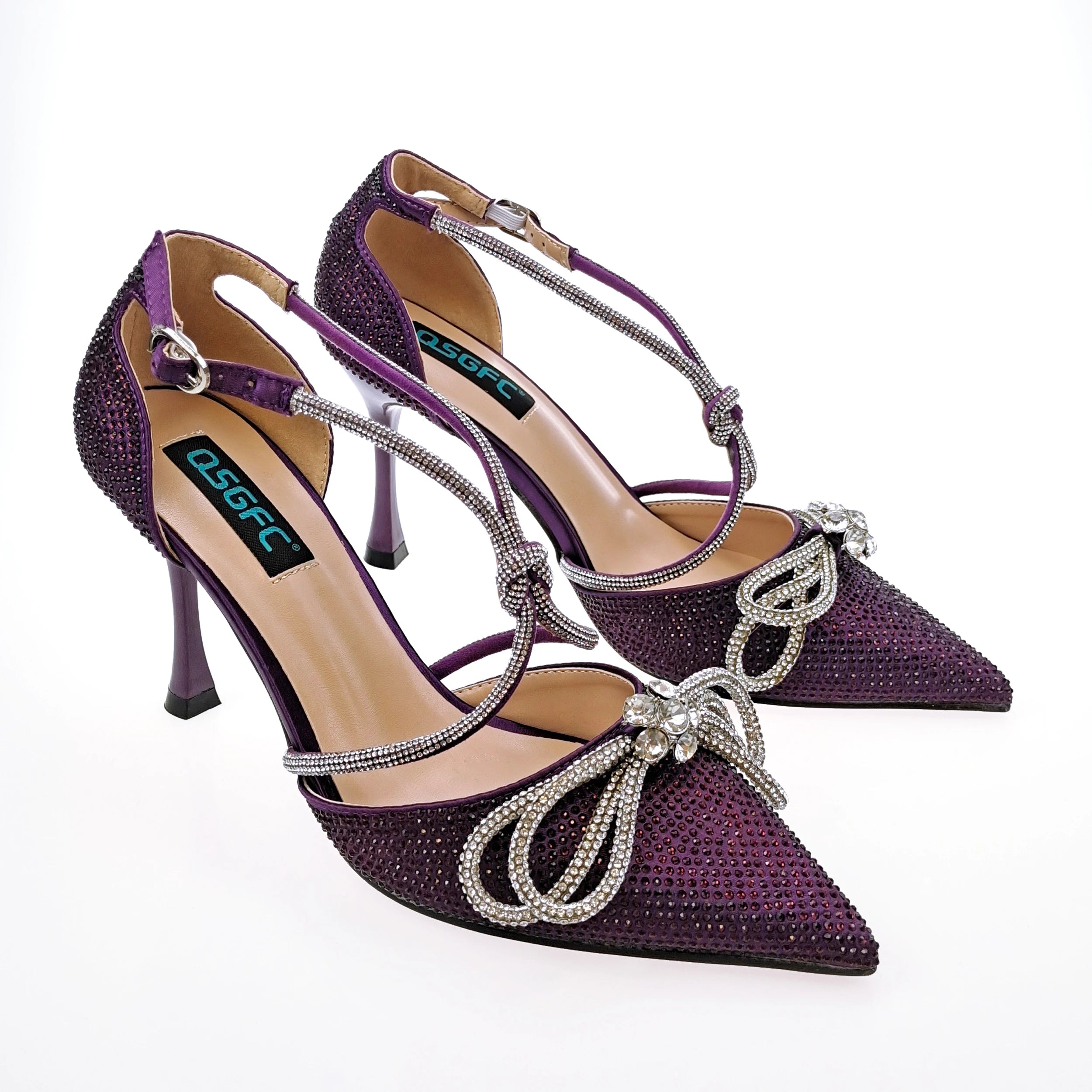 MC THE BLACK DIAMOND purple rhinestone party heels with pointed toe and full upper inlaid design, perfect for women’s evening wear.